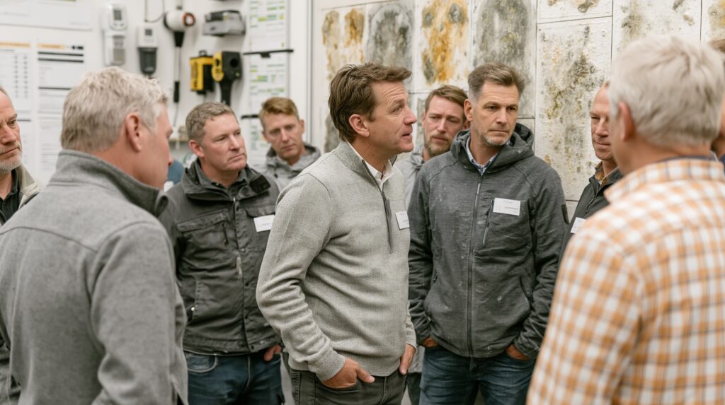 Sanawall Team bei professioneller Schimmelpilz Analyse im Gewerbebetrieb